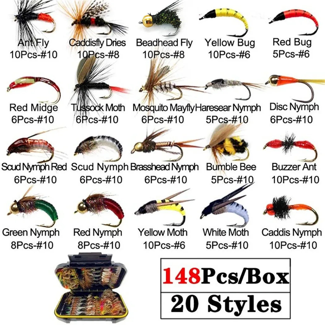 40-148Pieces/Box Trout Fly Fishing Assorted Flies Kit Nymph Dry Wet Flies Fishing Fly Lure
