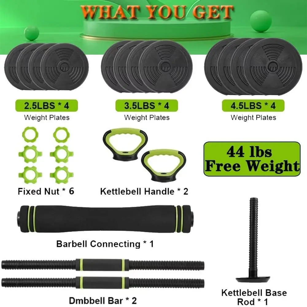 4 in 1 Adjustable Dumbbell Set, 44LBS Free Weight Set Used as Dumbbell, Barbell, Kettlebell and Push-up, Home Gym Fitness