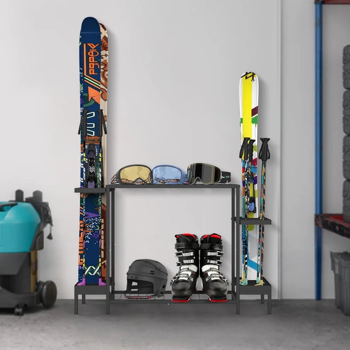 Freestanding Ski & Snowboard Rack, Holds 6 Pairs of Skis + Accessories - Floor Stand Garage Organizer (No Assembly)