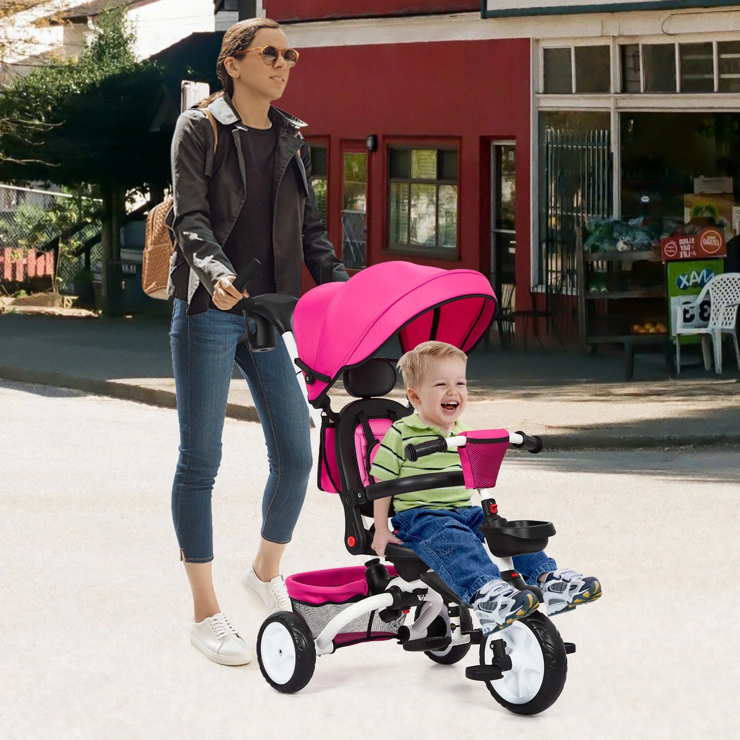 7 in 1 Folding Toddler Bike with Removable Adjustable Push Handle, Canopy Rotatable Seat Safety Harness Cup Holder Trike