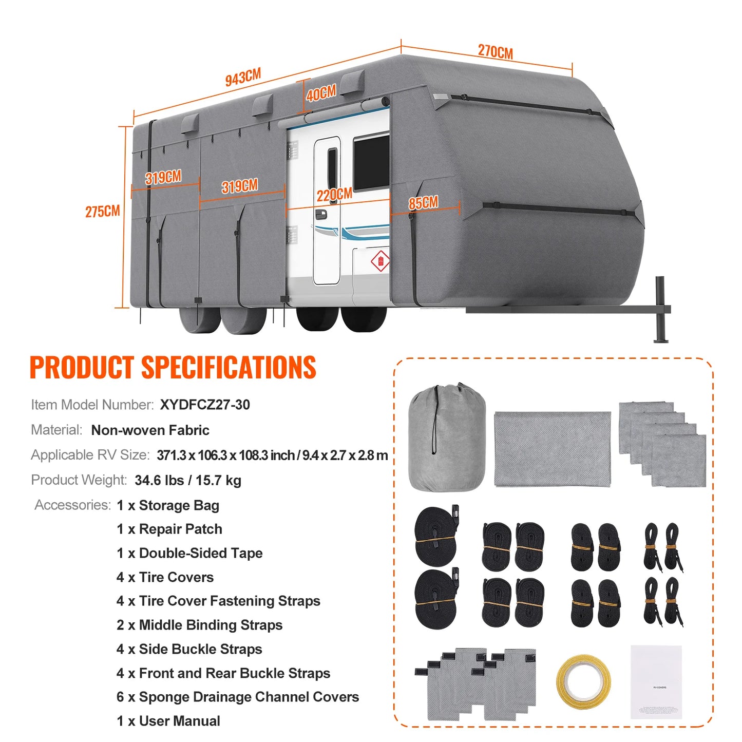 VEVOR Travel Trailer Cover 18-40FT RV Cover 4-Layer Non-Woven Fabric Camper Cover Waterproof Windproof Rip-Stop Class A RV Cover