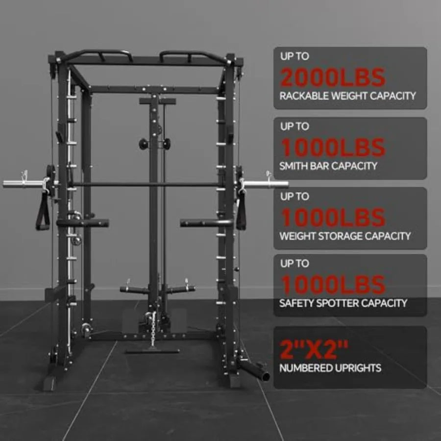 Smith MachinePower Cage Squat Rack with LAT Pull Down System Dipping Bar MultiFunction Linear Bearing Cable Crossover Machine f