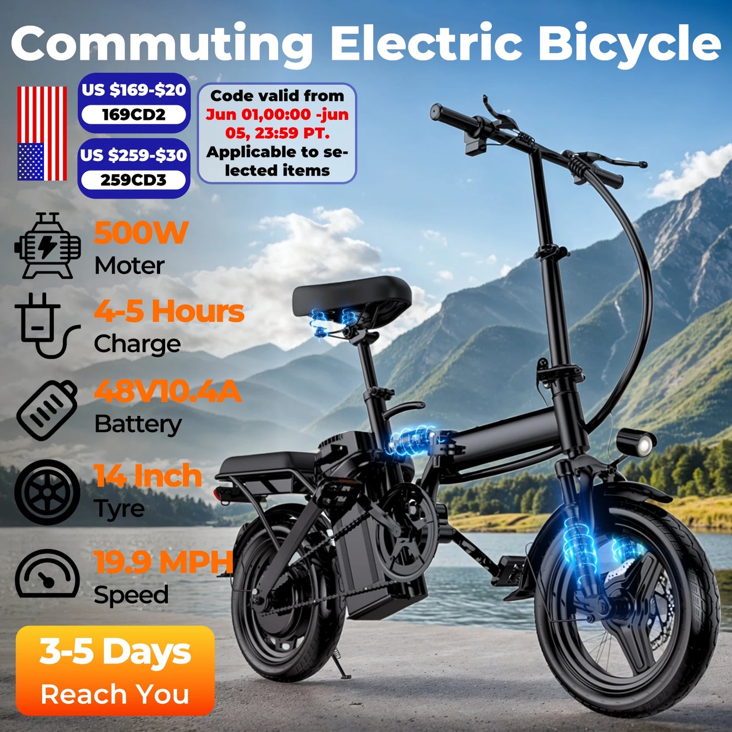 LELEKUAI 500W Adult Electric Bike, 20 MPH, 48V 10.4Ah Removable Battery, 14 Inch Folding Electric Bike, Multi-Shock Absorption