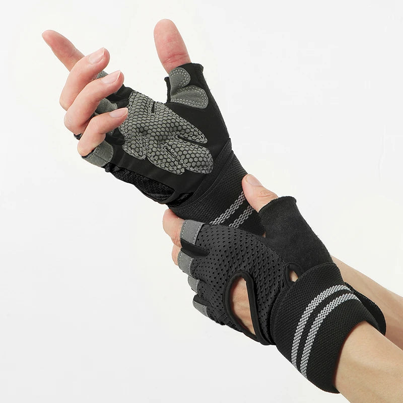 1Pair Gym Gloves with Wrist Straps Non-slip Half Finger Workout Gloves for Women Breathable Weight Lifting Gloves