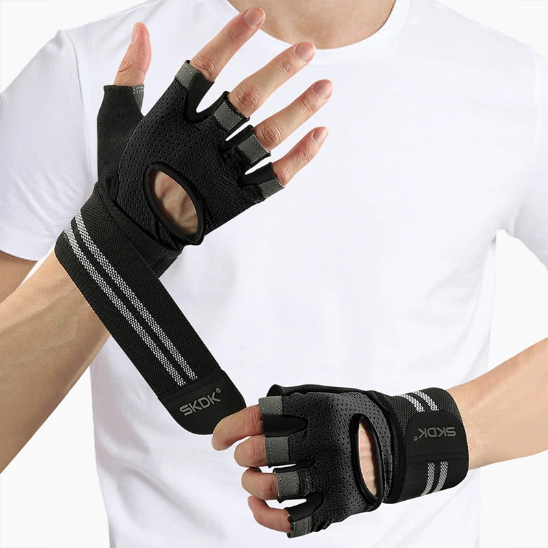 1Pair Gym Gloves with Wrist Straps Non-slip Half Finger Workout Gloves for Women Breathable Weight Lifting Gloves