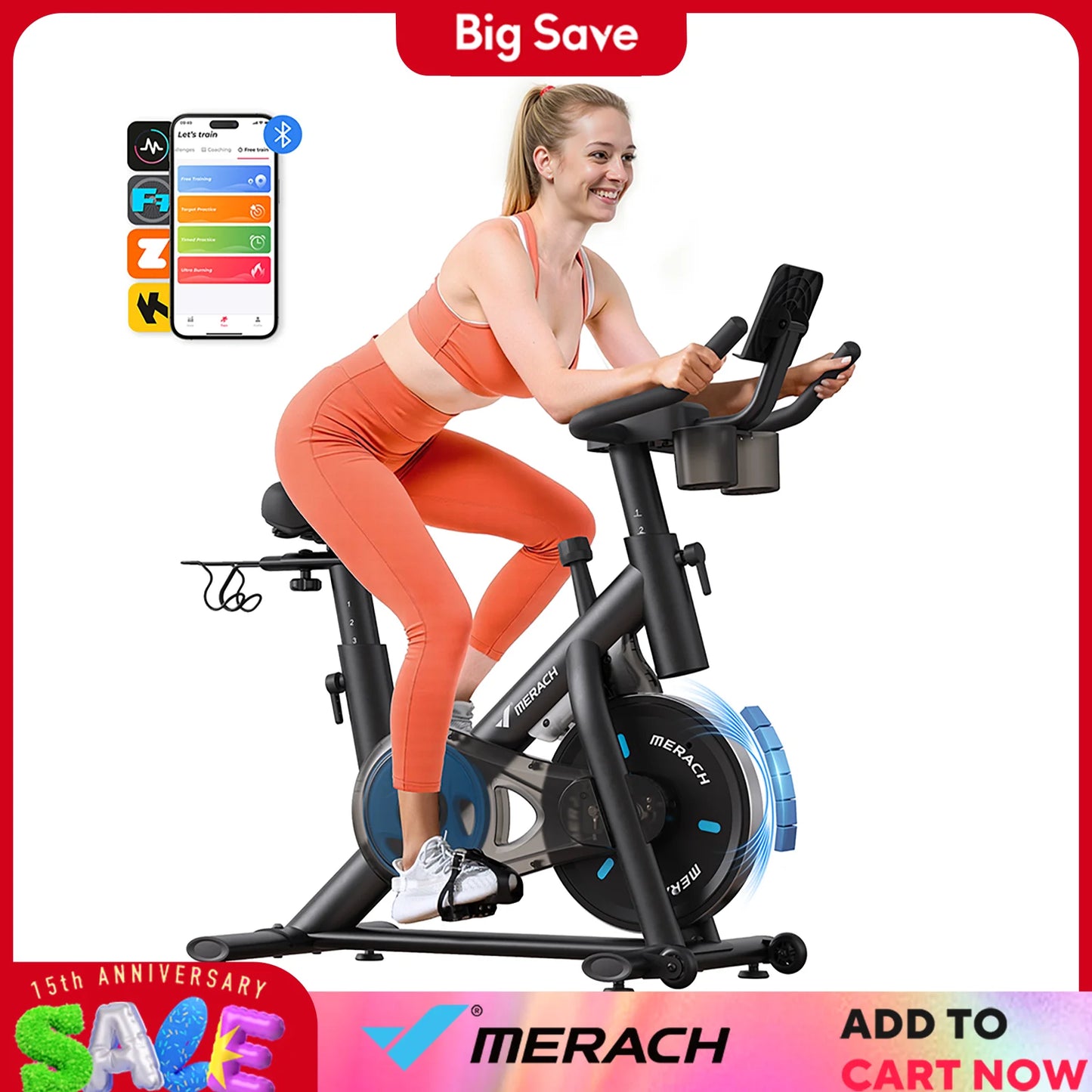 MERACH Exercise Bike Brake Pad/Magnetic Stationary Bike with Exclusive App Low Noise Indoor Cycling Bike with Fitness Courses B2