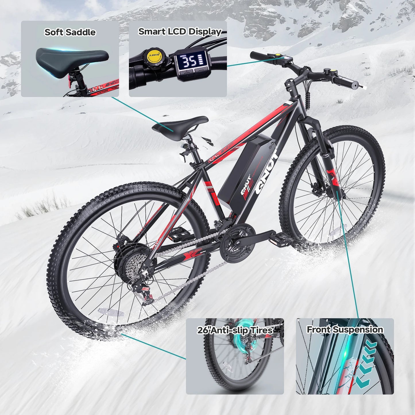 Electric Mountain Bike for Adults, 350W Motor(Peak 750W), 26'' Tire Electric Bike, 10.4Ah Battery, 32km/h Max Speed.