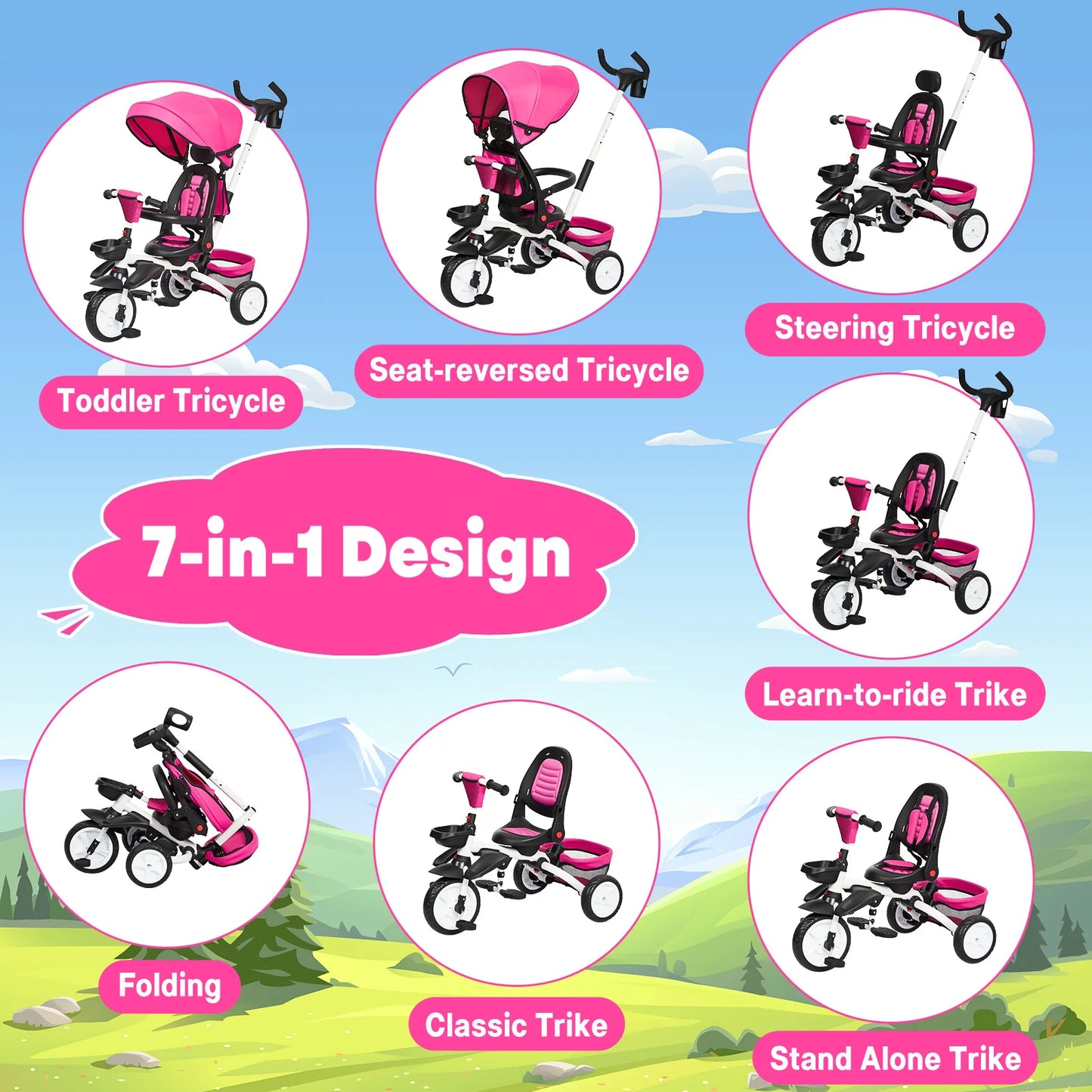 7 in 1 Folding Toddler Bike with Removable Adjustable Push Handle, Canopy Rotatable Seat Safety Harness Cup Holder Trike