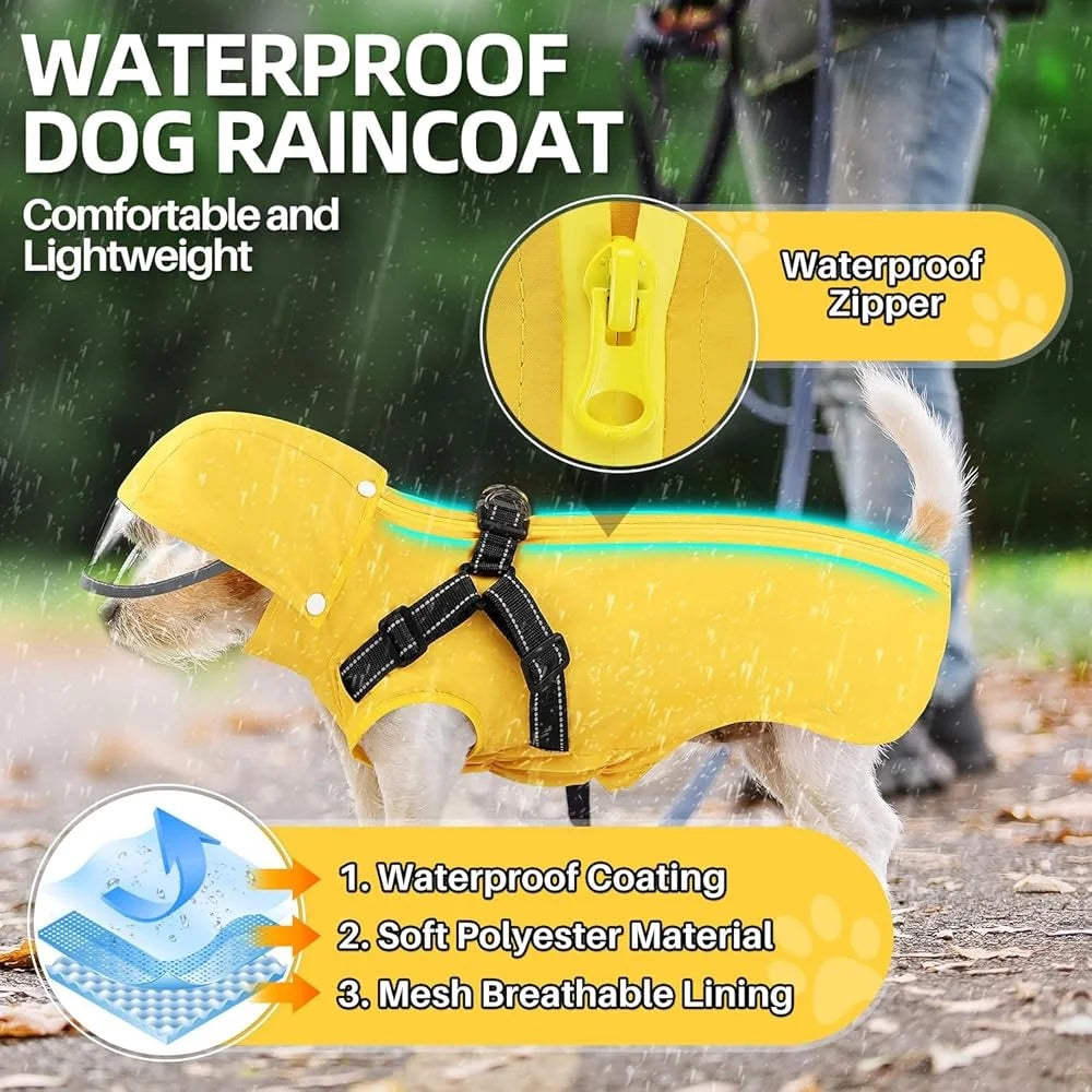 Hign-concerned Waterproof Dog Raincoat Harness Hood
