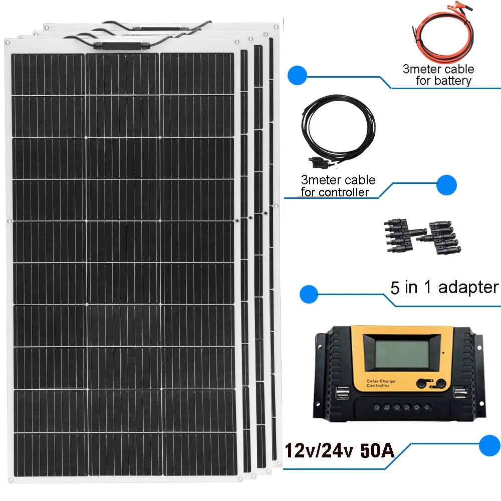 1pcs-10pcs 100W solar panel rechargeable battery 12V 100W- 1000W Flexible Solar panels charger motorhome houses balcony camping