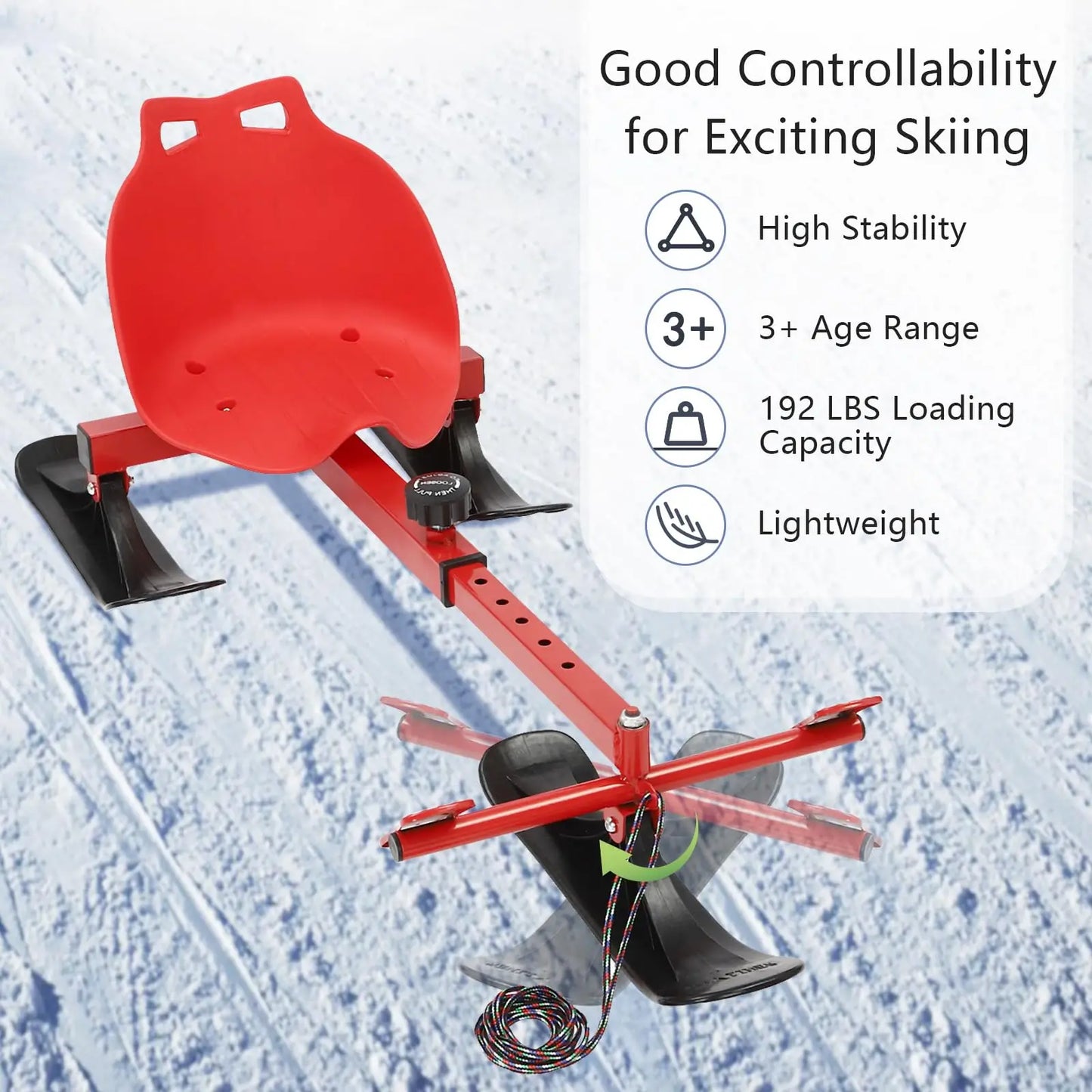 Snow Racer Sled, Ski Slider with Long Pull Rope, 2 Modes & Adjustable Length Ski Sled Slider for Teens, Kids Ages 3 and Up, Adult
