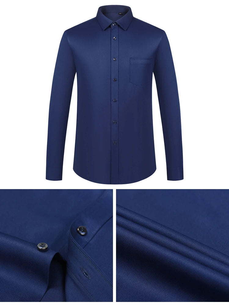 Men's Sleek Stretch Long Sleeve Button Up Shirts with Chest Pocket, Solid Color Formal Business Wrinkle Free Menswear Clothing