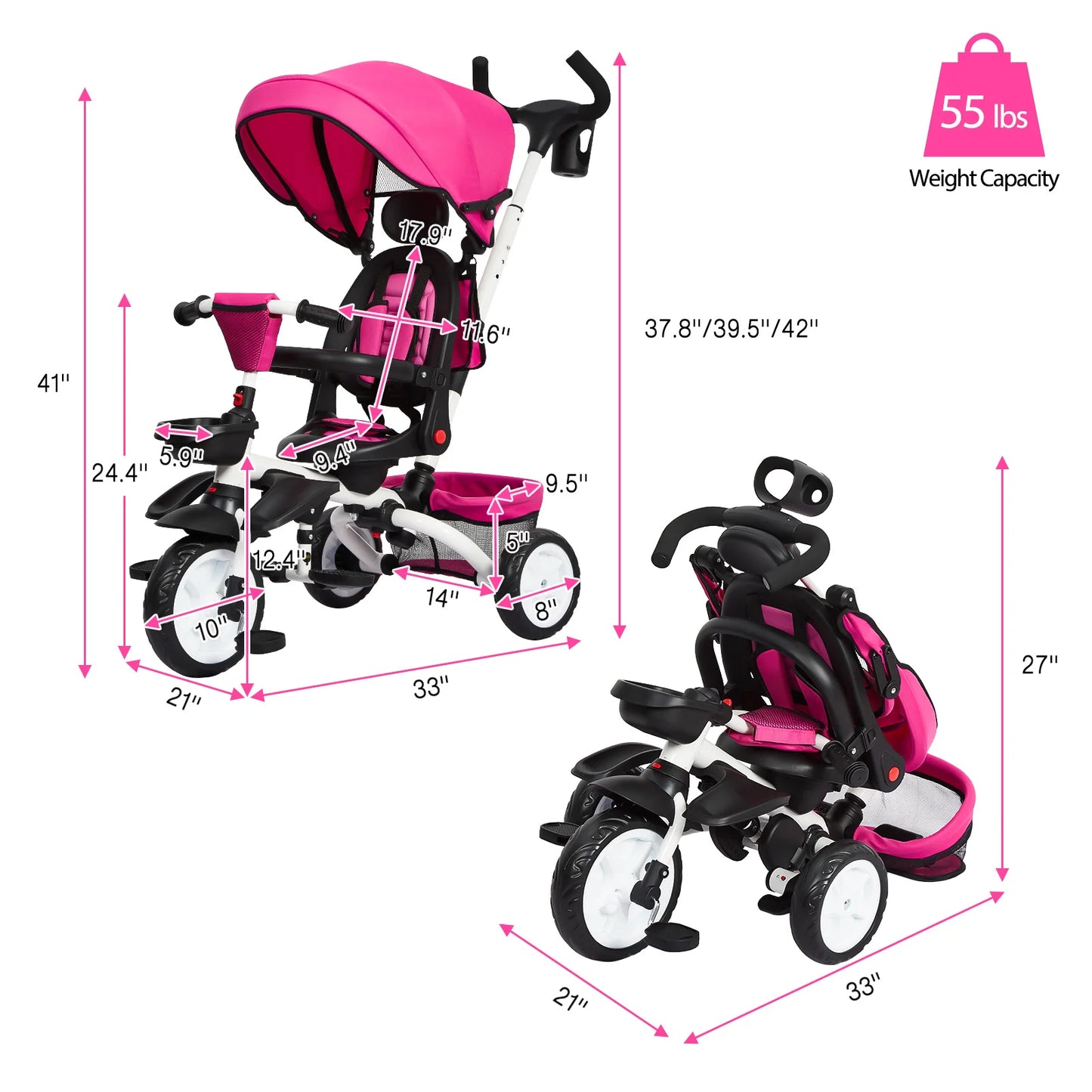 7 in 1 Folding Toddler Bike with Removable Adjustable Push Handle, Canopy Rotatable Seat Safety Harness Cup Holder Trike