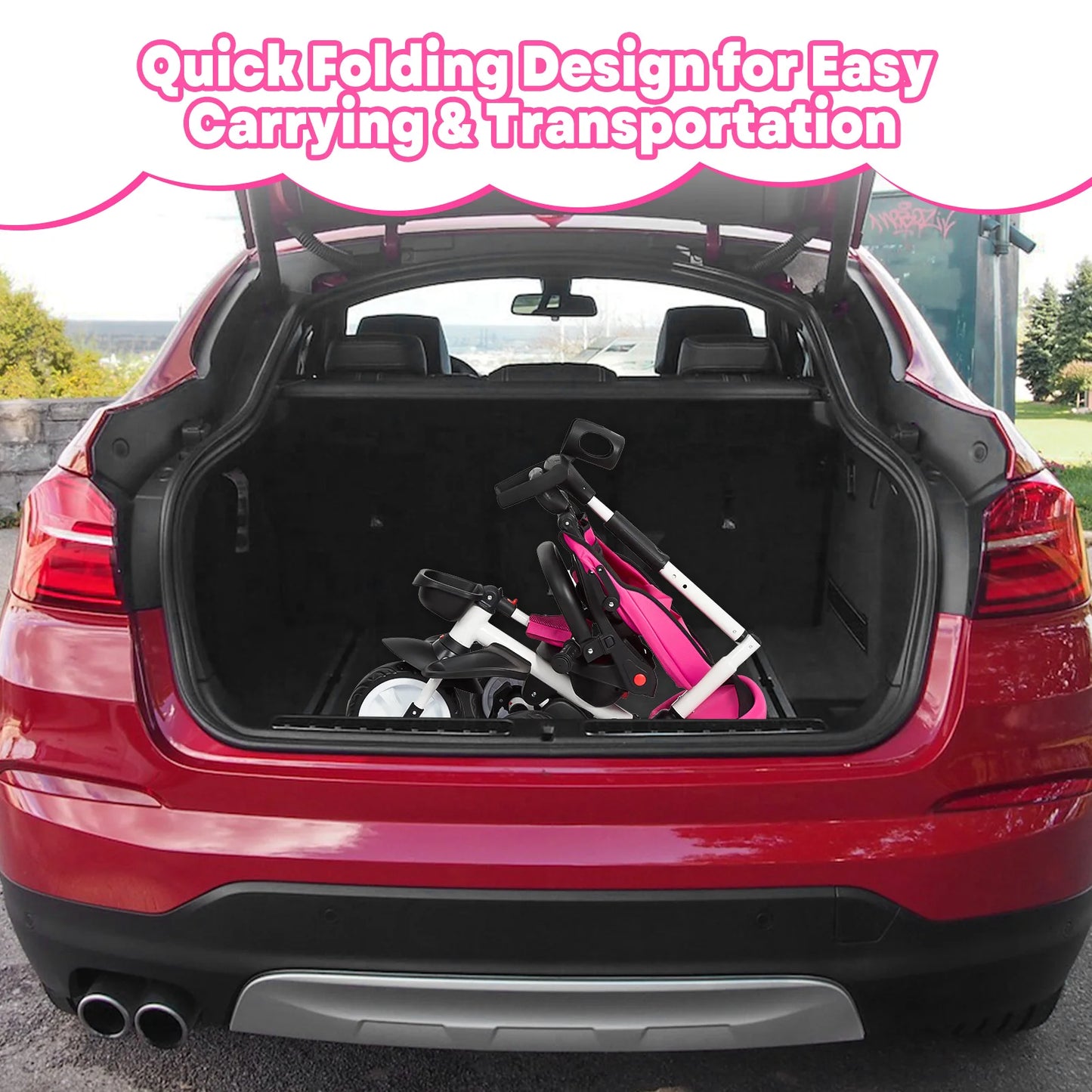 7 in 1 Folding Toddler Bike with Removable Adjustable Push Handle, Canopy Rotatable Seat Safety Harness Cup Holder Trike