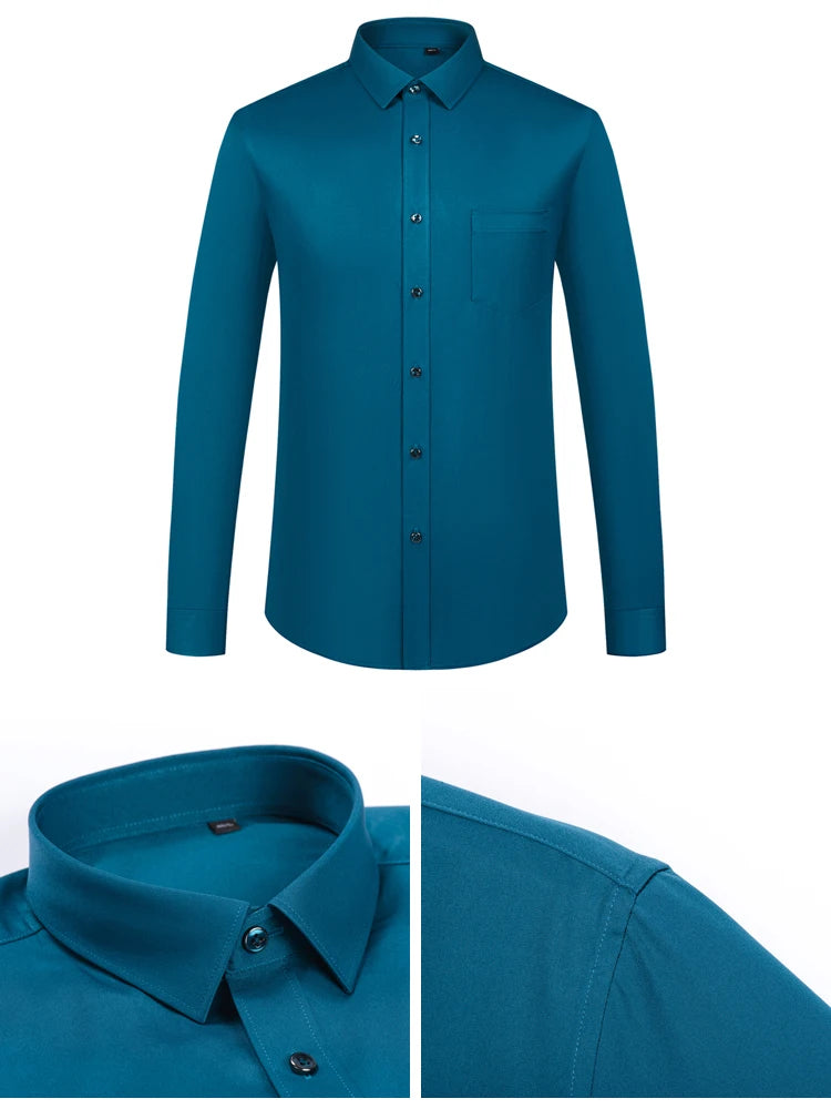 Men's Sleek Stretch Long Sleeve Button Up Shirts with Chest Pocket, Solid Color Formal Business Wrinkle Free Menswear Clothing