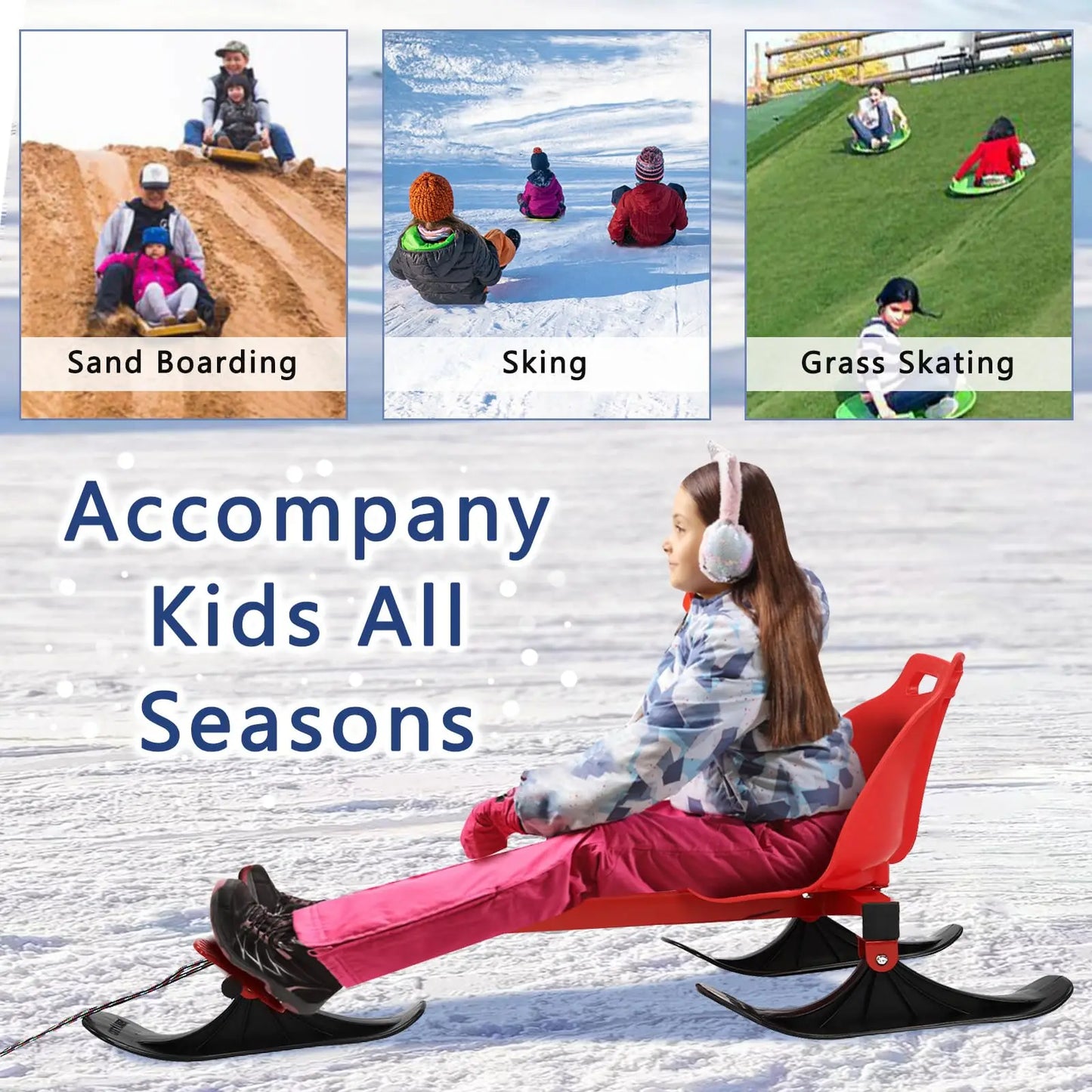 Snow Racer Sled, Ski Slider with Long Pull Rope, 2 Modes & Adjustable Length Ski Sled Slider for Teens, Kids Ages 3 and Up, Adult