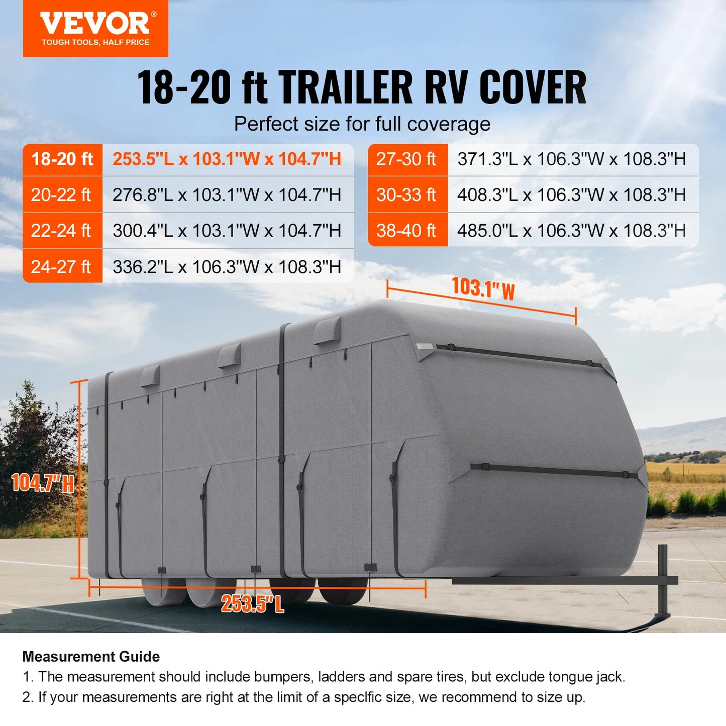 VEVOR Travel Trailer Cover 18-40FT RV Cover 4-Layer Non-Woven Fabric Camper Cover Waterproof Windproof Rip-Stop Class A RV Cover