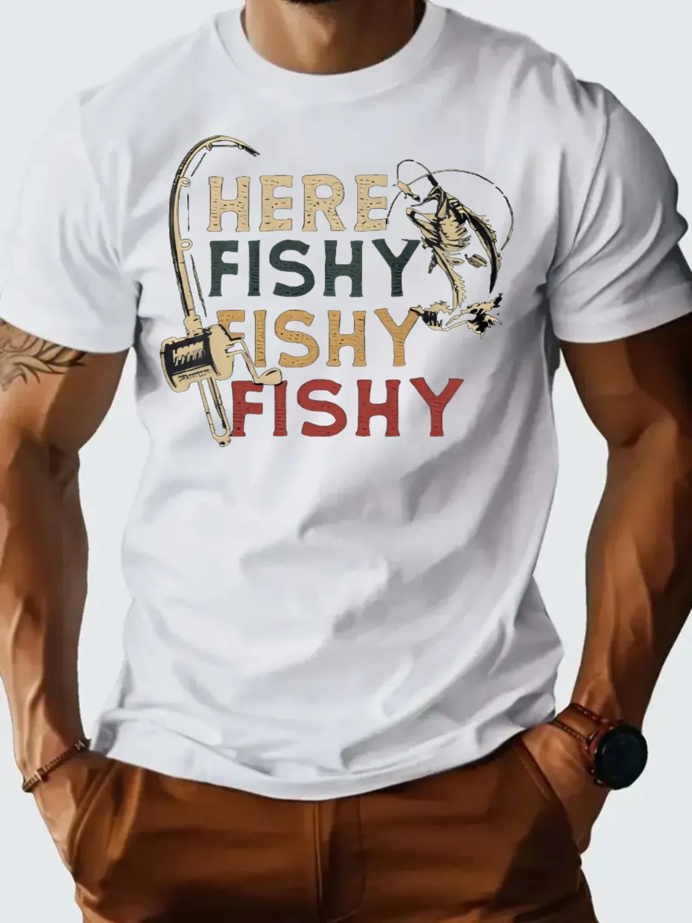 T Shirt For Man 100% Cotton Summer Vintage fishing pattern Casual Slim Fit Round Neck Short Sleeved T-shirt Top