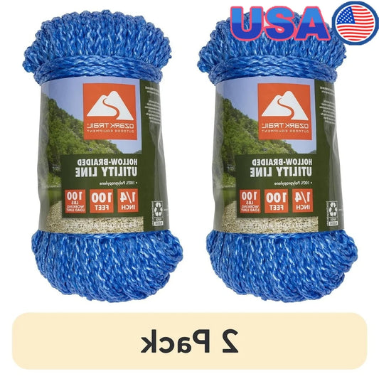 2 Pack 1/4 Inch x 100 Feet Polypropylene Hollow Braided Marine Utility Rope Floating Cord Rot Resistant Boat Dock Home Use