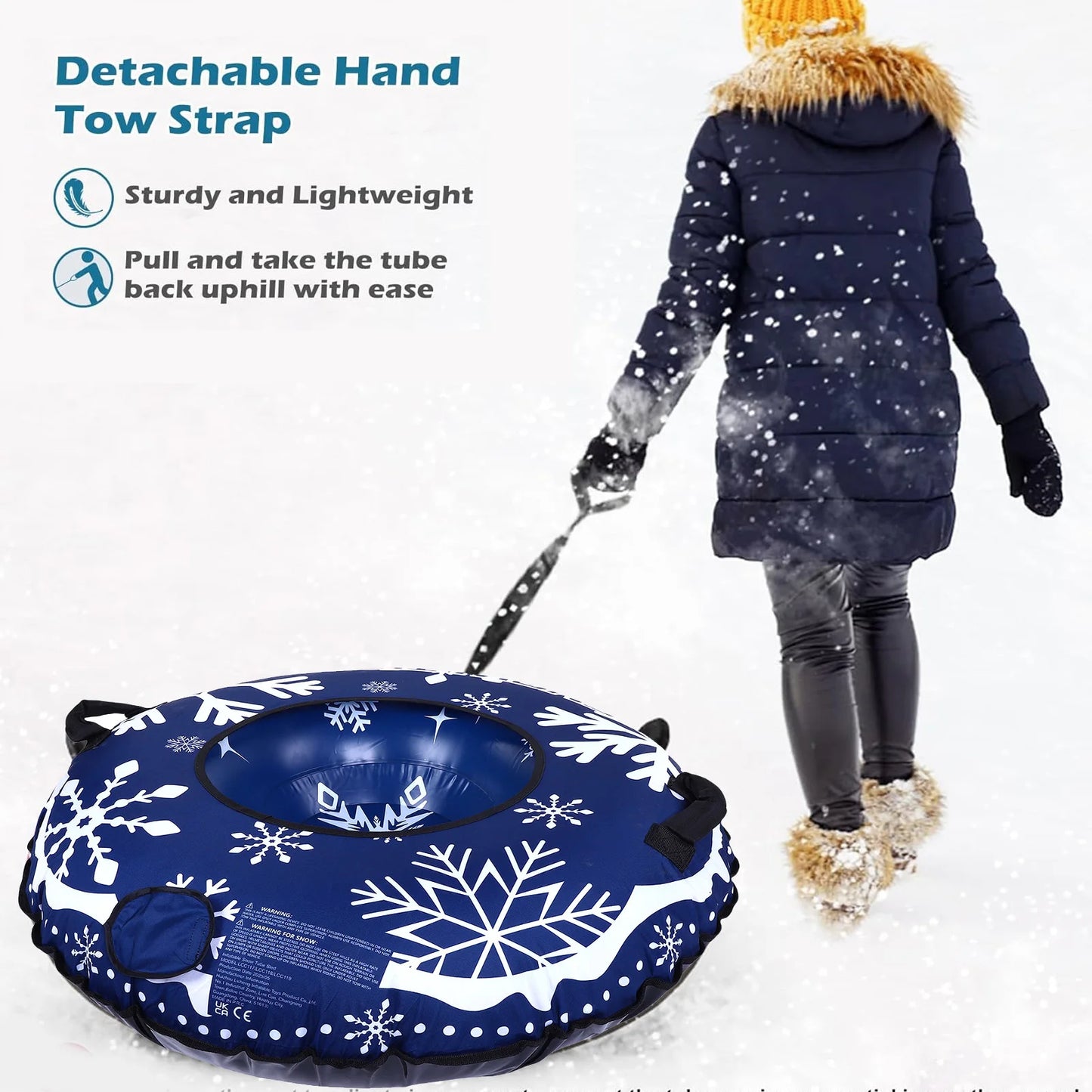 Blue Inflatable Snow Tube Sled Heavy Duty Snow Tube for Sledding with Handles Tow Rope Winter Outdoor Toy for Boys Girls Adults