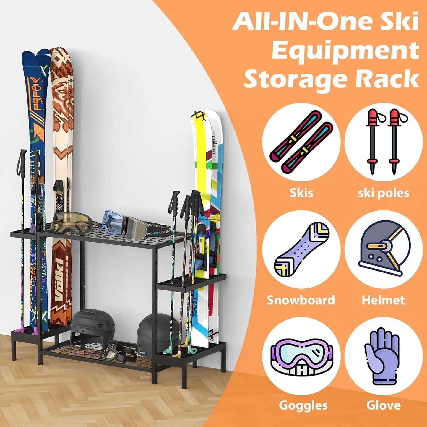 Freestanding Ski & Snowboard Rack, Holds 6 Pairs of Skis + Accessories - Floor Stand Garage Organizer (No Assembly)