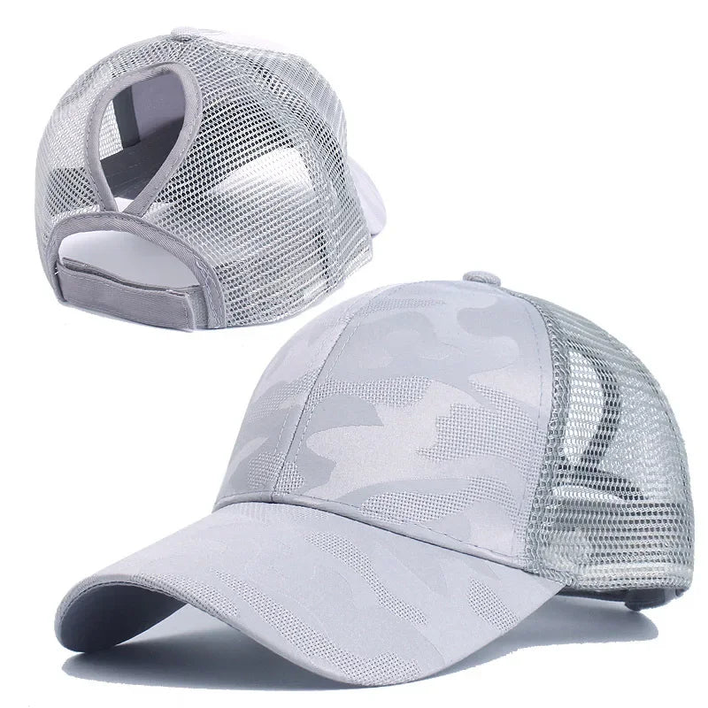 2024 New Summer Camouflage Mesh Trucker Hat Snapback Cap Chapeau Femme Fashion Messy Hair Bun Ponytail Baseball Caps for Women