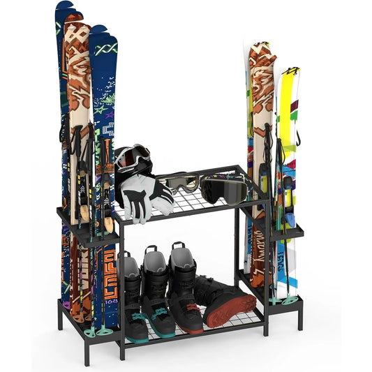 Freestanding Ski & Snowboard Rack, Holds 6 Pairs of Skis + Accessories - Floor Stand Garage Organizer (No Assembly)