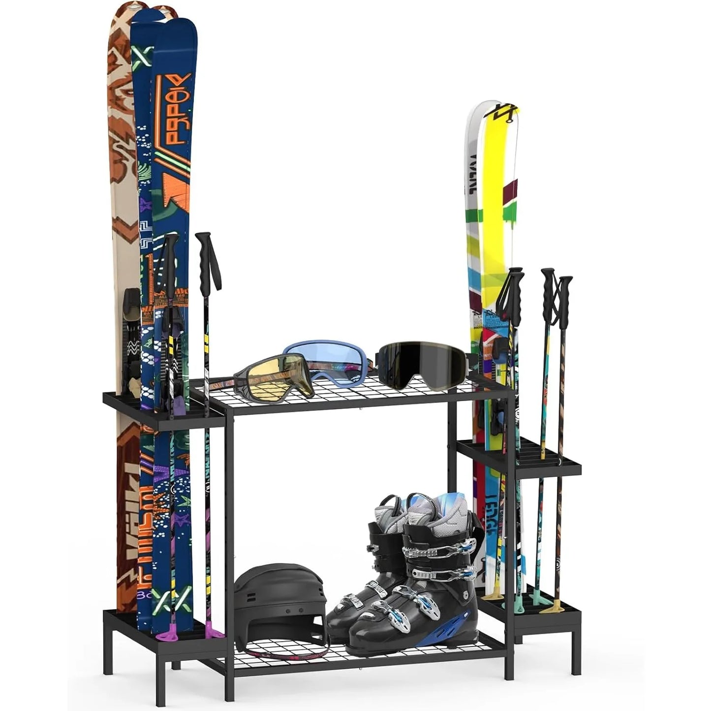 Freestanding Ski & Snowboard Rack, Holds 6 Pairs of Skis + Accessories - Floor Stand Garage Organizer (No Assembly)