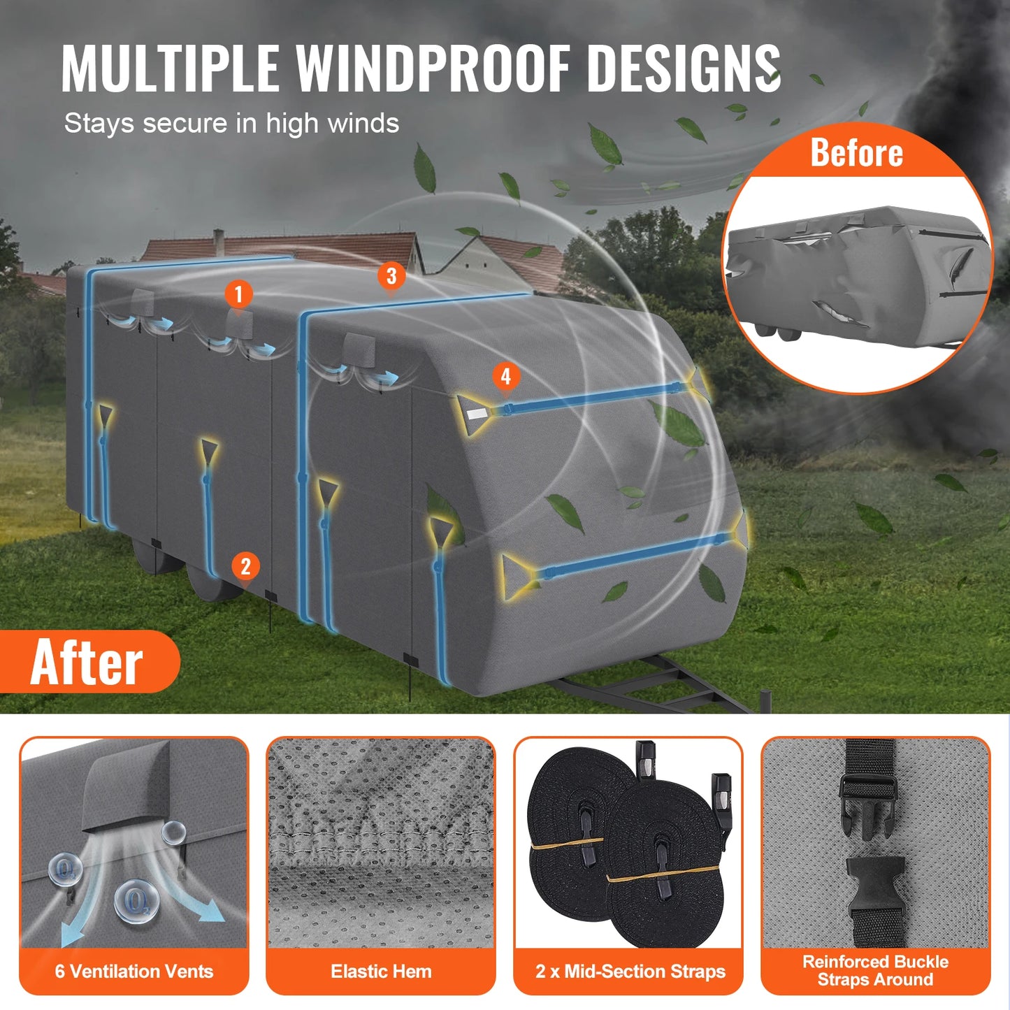 VEVOR Travel Trailer Cover 18-40FT RV Cover 4-Layer Non-Woven Fabric Camper Cover Waterproof Windproof Rip-Stop Class A RV Cover