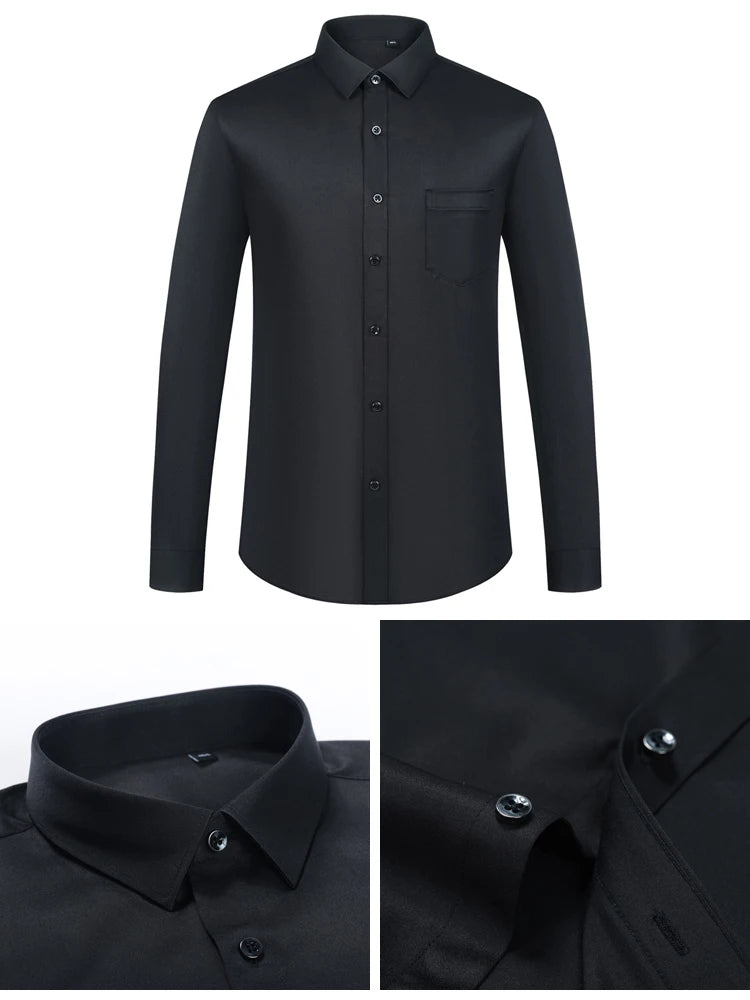 Men's Sleek Stretch Long Sleeve Button Up Shirts with Chest Pocket, Solid Color Formal Business Wrinkle Free Menswear Clothing