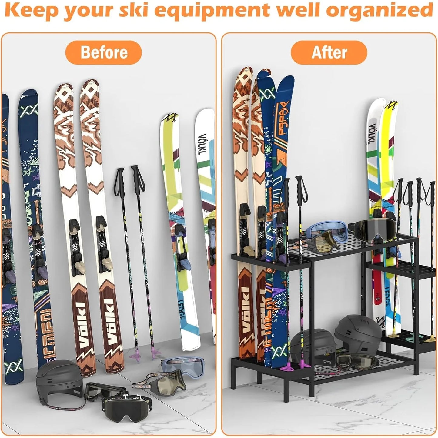Freestanding Ski & Snowboard Rack, Holds 6 Pairs of Skis + Accessories - Floor Stand Garage Organizer (No Assembly)