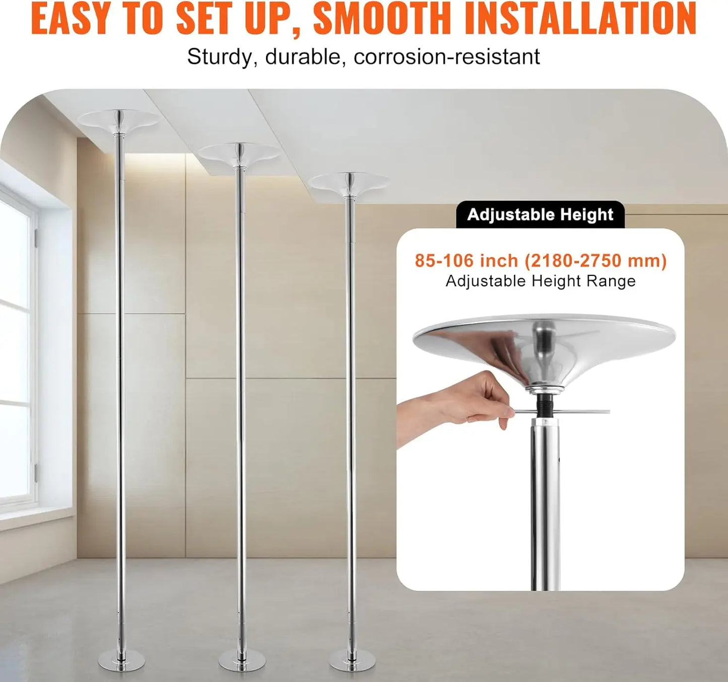 Professional Dancing Pole,Spinning Static Dancing Pole Kit,Portable Removable Pole, 45mm Heavy-Duty Stainless Steel Pole, Silver