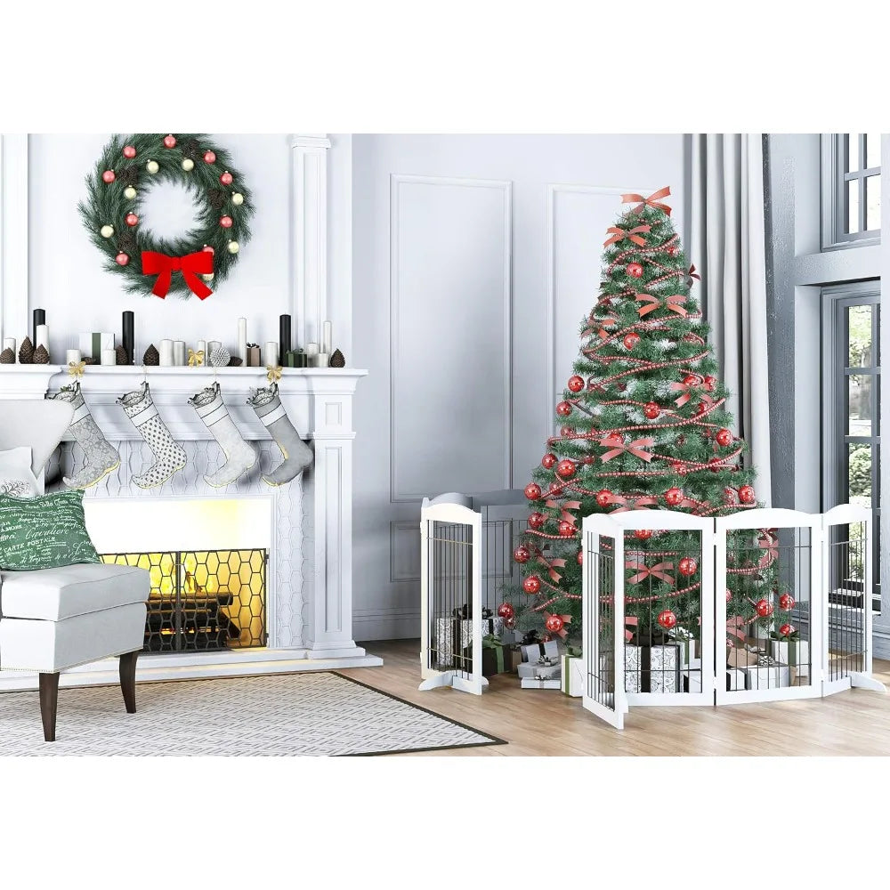 Free Standing Foldable Wire Pet Gate for Dogs, 80 inches Extra Wide, 30 inches Tall 4 Panels Dog Gate for the House