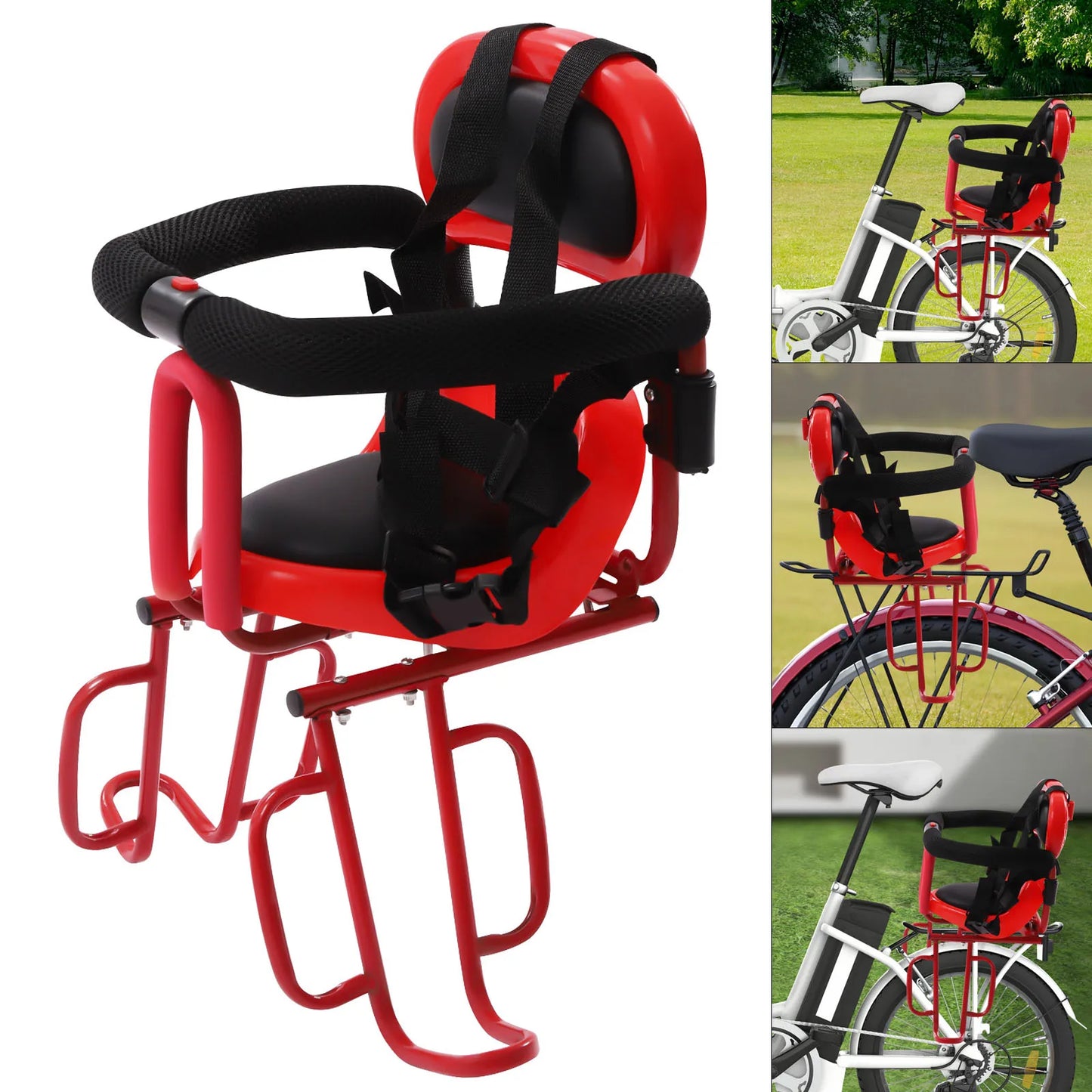 Red Rear Child Bicycle Seat Comfortable And Safe Child Harness Suitable For Standard Bicycles, Including Seat Belts