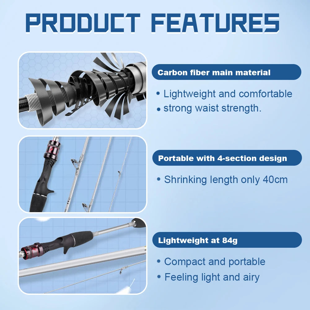 1.4M Baitcasting Carbon Fishing Rods Ultralight Lure Trout Mini Pole 4 Section Portable Casting Rod Fishing Equipment
