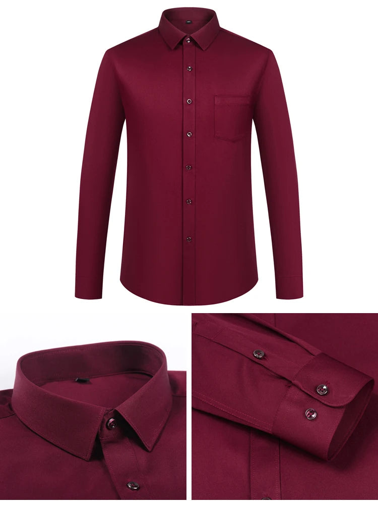 Men's Sleek Stretch Long Sleeve Button Up Shirts with Chest Pocket, Solid Color Formal Business Wrinkle Free Menswear Clothing