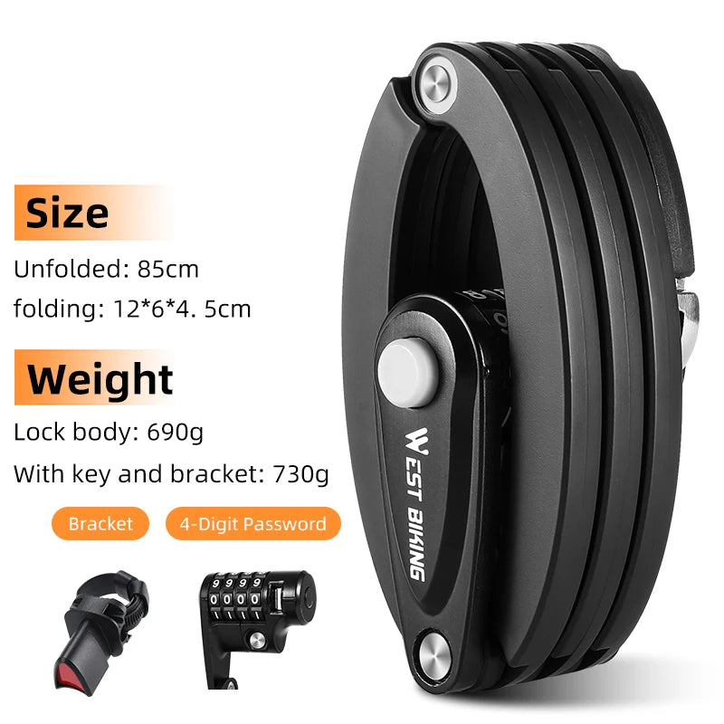 WEST BIKING Anti-Theft Bicycle Folding Lock MTB Road Bike Portable Lock Scooter Ebike Motorcycle Safety Lock Cycling Accessories