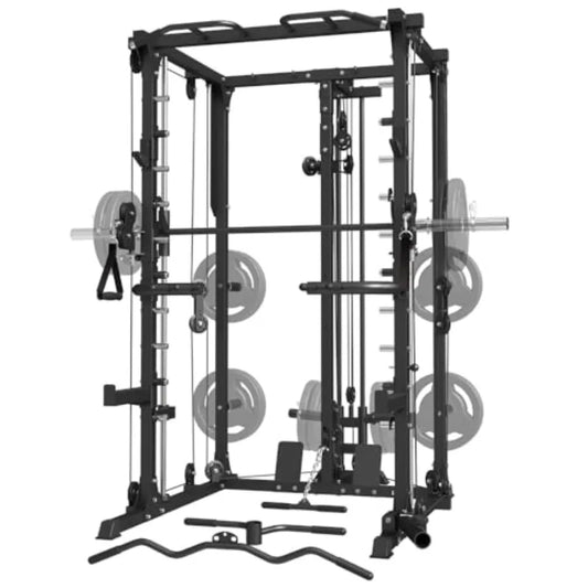 Smith MachinePower Cage Squat Rack with LAT Pull Down System Dipping Bar MultiFunction Linear Bearing Cable Crossover Machine f