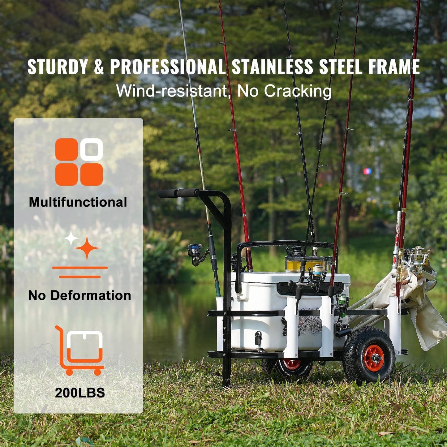 SucceBuy 200/300/350 lbs Beach Fishing Cart with Two 11"/13"/16"  Wheels 7 Rod Holders Steel Pier Wagon Trolley for Sand Picnic