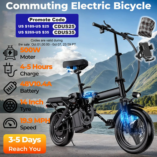 LELEKUAI 500W Adult Electric Bike, 20 MPH, 48V 10.4Ah Removable Battery, 14 Inch Folding Electric Bike, Multi-Shock Absorption