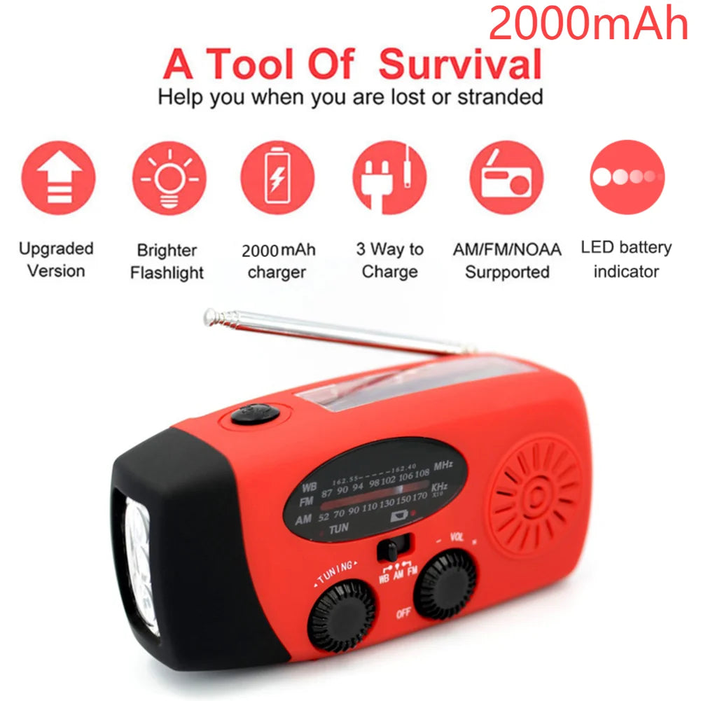 Solar Power Hand Crank Radio AM/FM/WB NOAA Weather Multifunctional Radio LED Flashlight Power Bank for Outdoor Camping Hiking