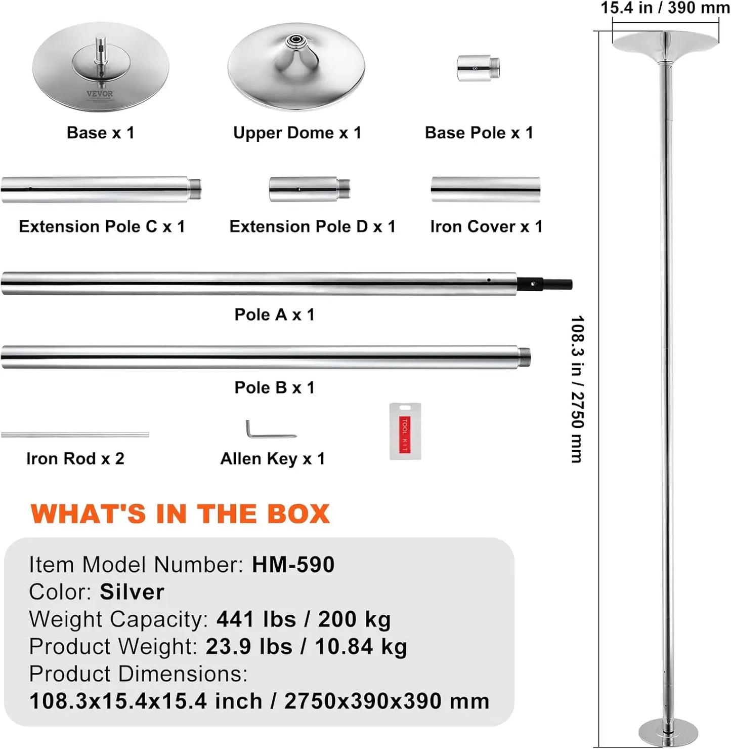 Professional Dancing Pole,Spinning Static Dancing Pole Kit,Portable Removable Pole, 45mm Heavy-Duty Stainless Steel Pole, Silver